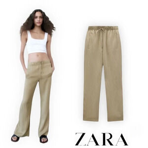 ZARA Olive Green Slit Straight Leg Pants NWT Size L Drawstring Waist